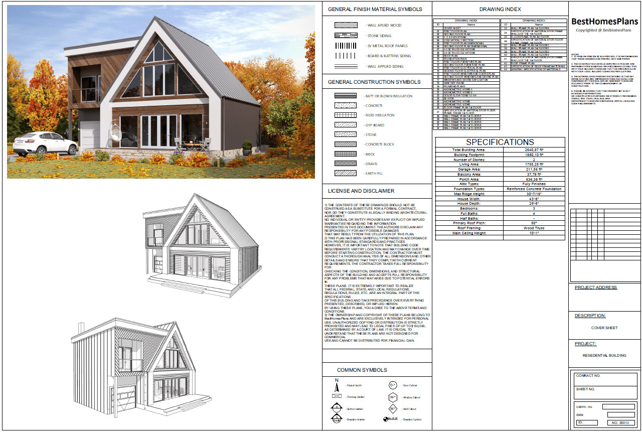43’x29’ 3 Beds, 4 Baths Cozy A-Frame House Architecture Plans PDF Download.