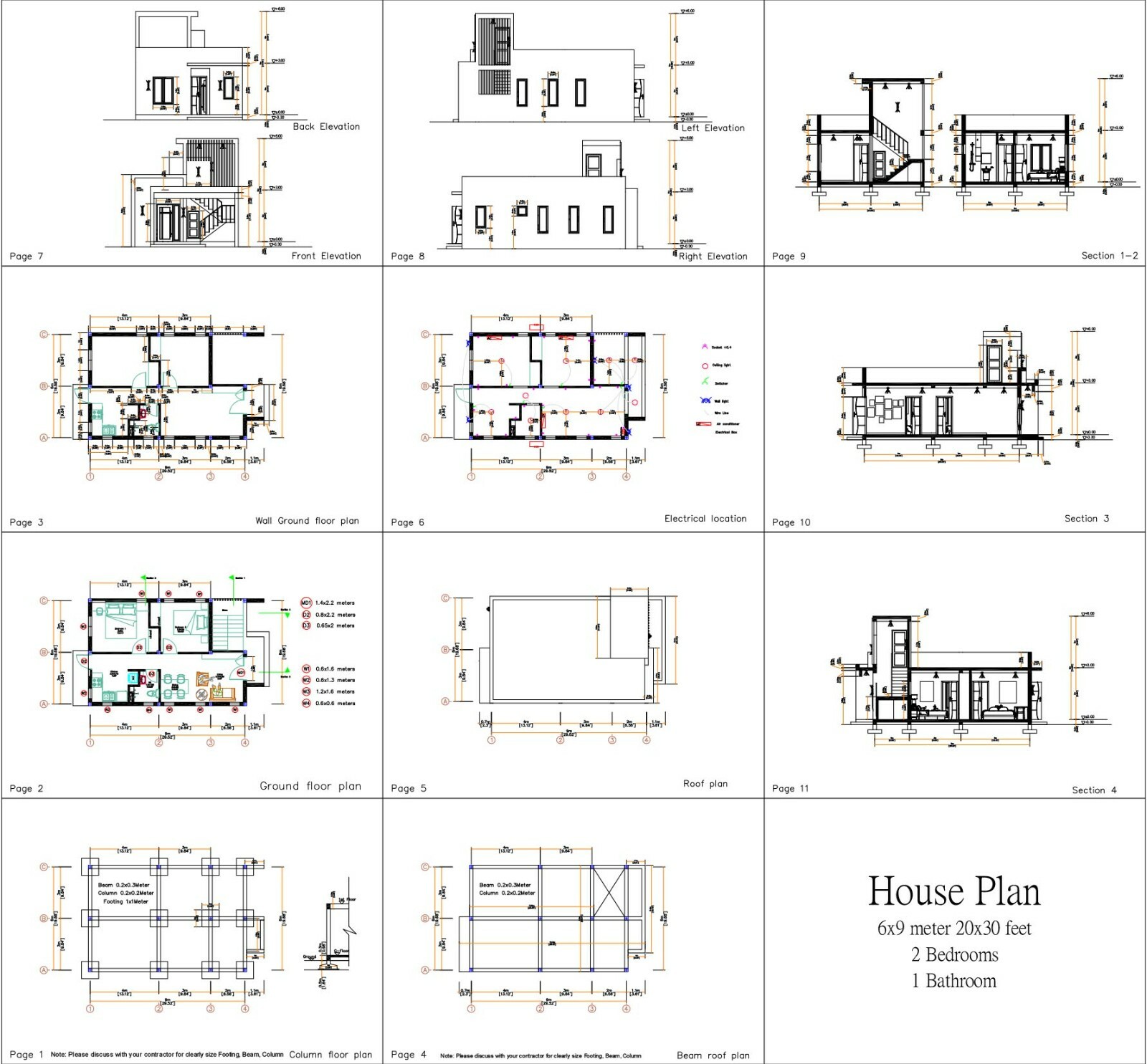 Custom Small House Plan 6×9 Meter 2 Bed 1 Bath 20×30 Feet Terrace (A4 Hard Copy)