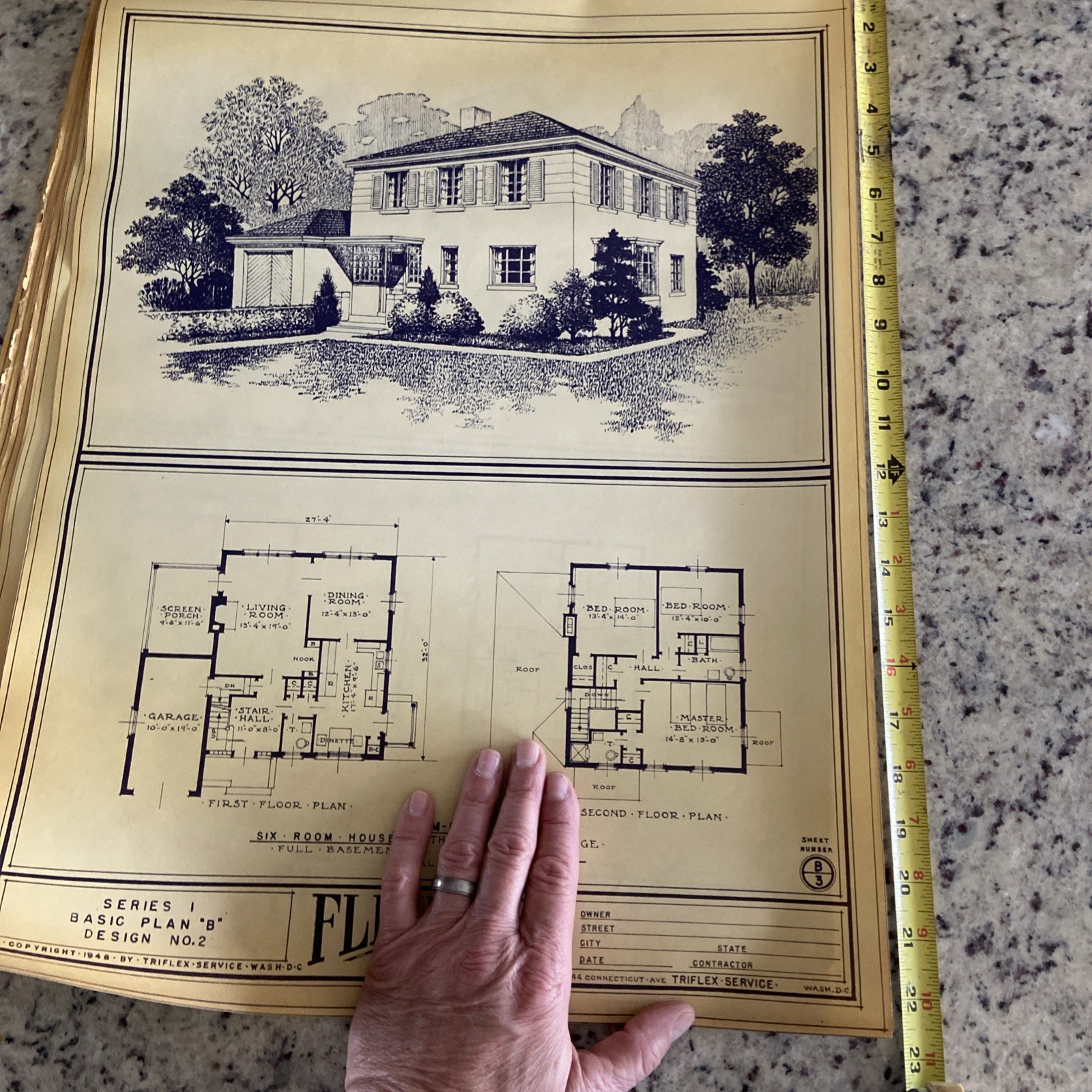 Vintage 1948 4 Square Home Plan Drawing Blueprint Triflex Service Washington DC