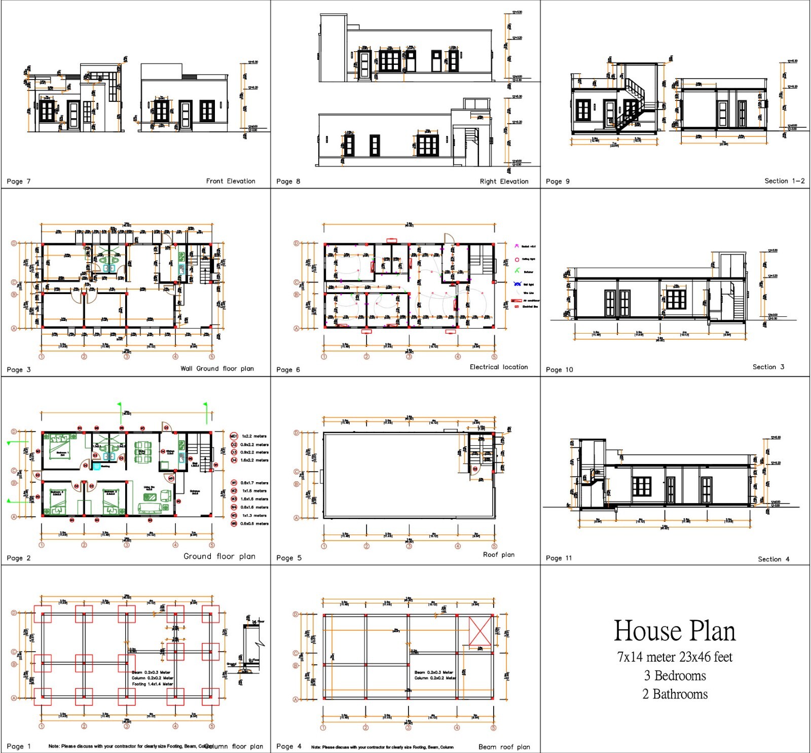 23×46 Feet House Design Plan 7×14 Meter 3 Beds 2 Baths PDF & (A4 Hard Copy)