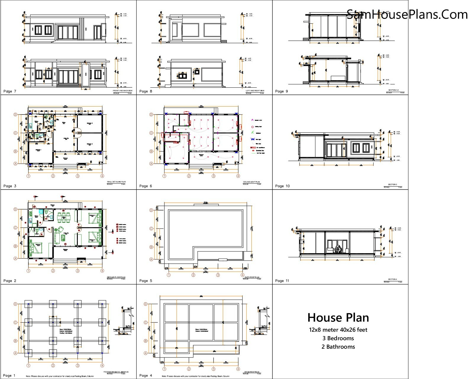 40×27 Feet House Plans 12×8 Meter 3 Beds 2 Baths Flat Roof (A4 Hard Copy)