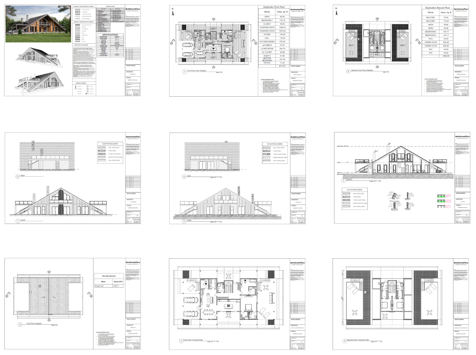 100’x54’ 4-Beds 4-Baths Charming A-Frame Architectural Build Plans PDF Download