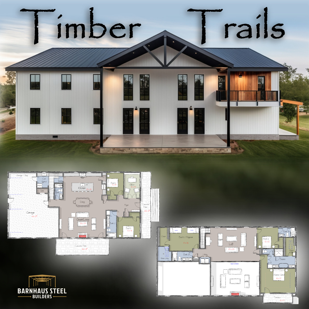 Timber Trails Barndominium – 5 Bedrooms / 5 Baths 4,147 SF Design Blueprints