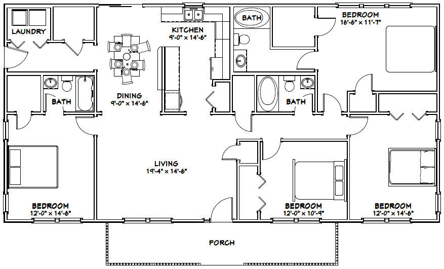 60×30 House — 4 bedroom 3 Bath — 1,800 sqft — PDF Floor Plan — Model 2