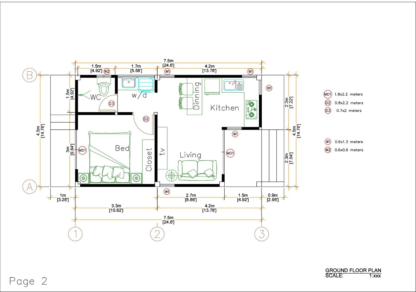 15×25 Feet Small House Plans 4.5×7.5 Meter One Bedroom Shed Roof (A4 Hard Copy)