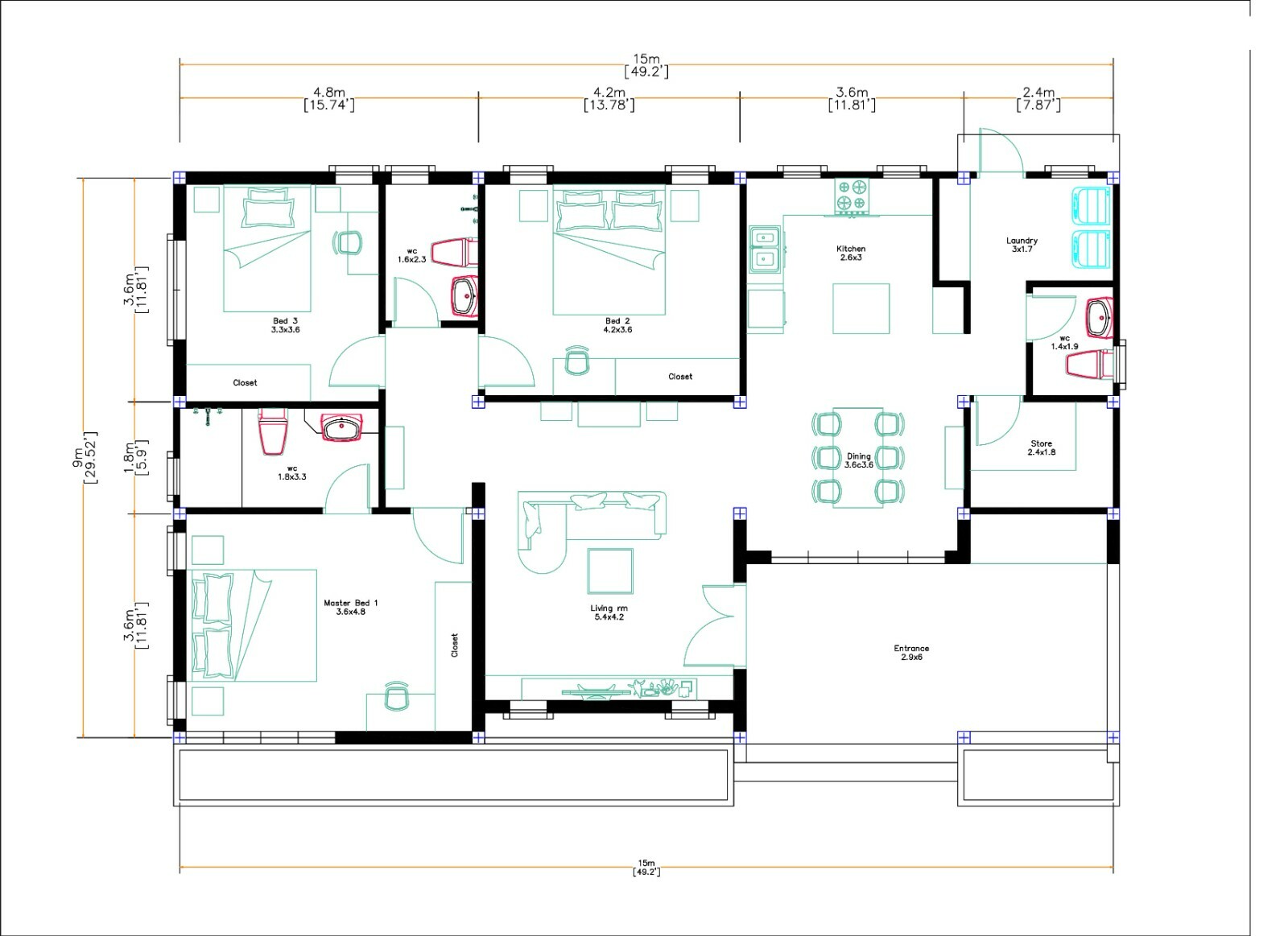 49×30 Feet House Design Plan 15×9 Meter 3 Beds 3 Baths Hip Roof (A4 Hard Copy)