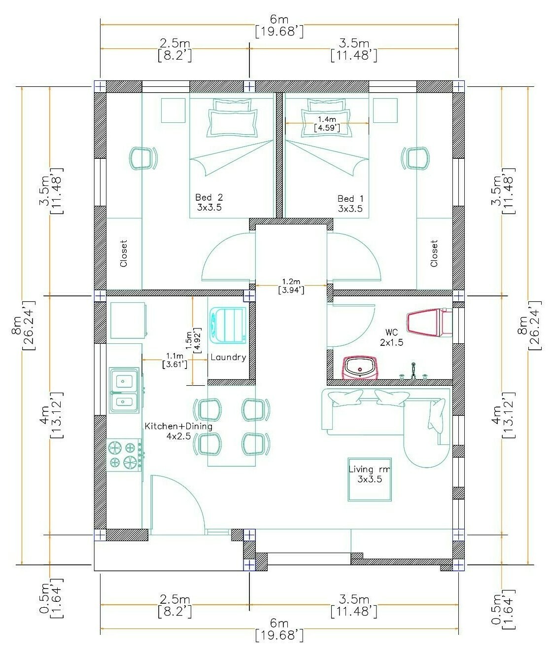 20×26 Feet Small House Plans 6×8 Meter 2 Bed 1 Bath Flat Roof PDF (A4 Hard Copy)