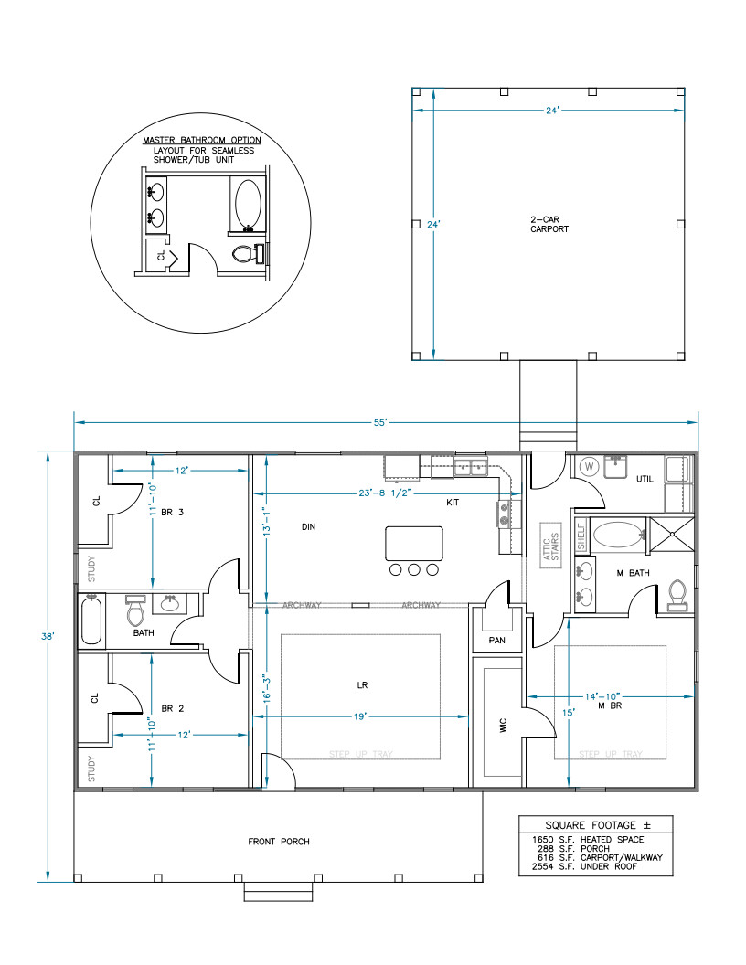 Ranch House Plans 1650 SF 3 Bed 2 Bath Open Floor – Split BR (Blueprints) #1201A