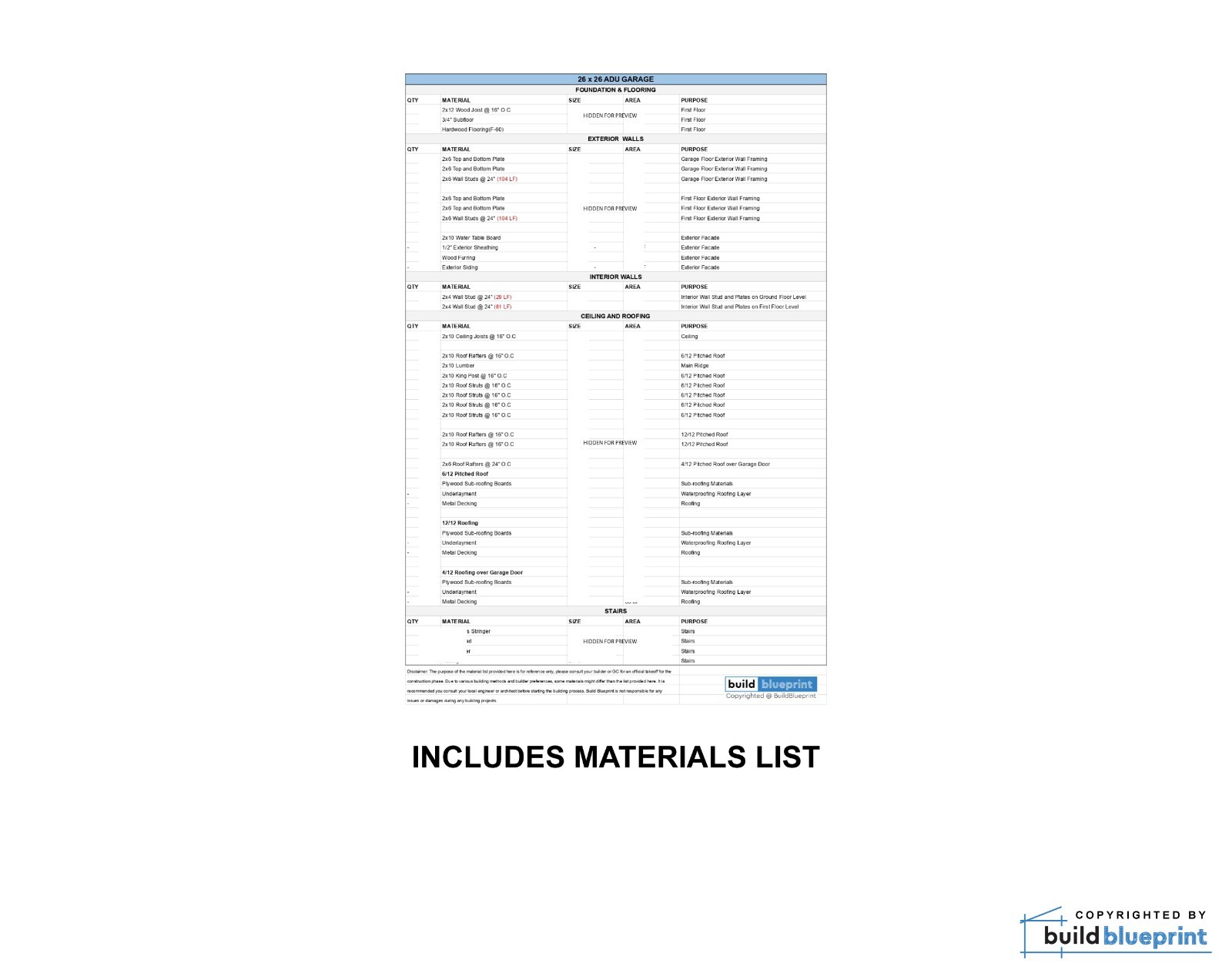 26′ x 26′ Two Car ADU Garage Loft Architectural Plans – PDF Download