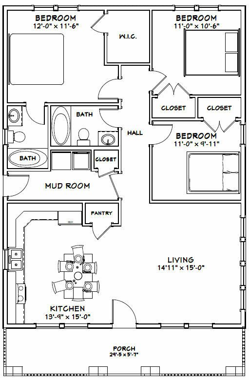 30×40 House — 3 Bedroom 2 Bath — 1,200 sq ft — PDF Floor Plan — Model 2B