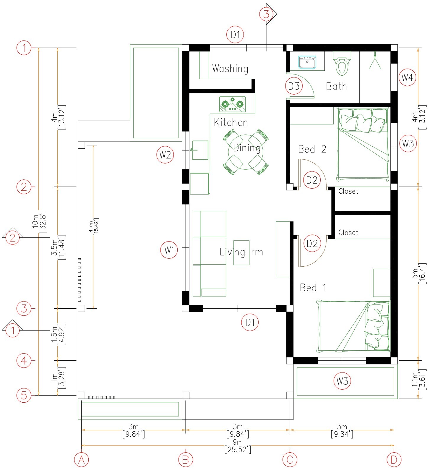 20×30 Small House Plan 6×9 Meter 2 Bed 1 Bath Gable Roof (PDF &A4 Hard Copy)