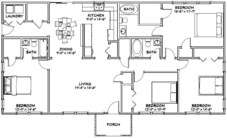 60×30 House — 4 bedroom 3 Bath — 1,800 sqft — PDF Floor Plan — Model 1A