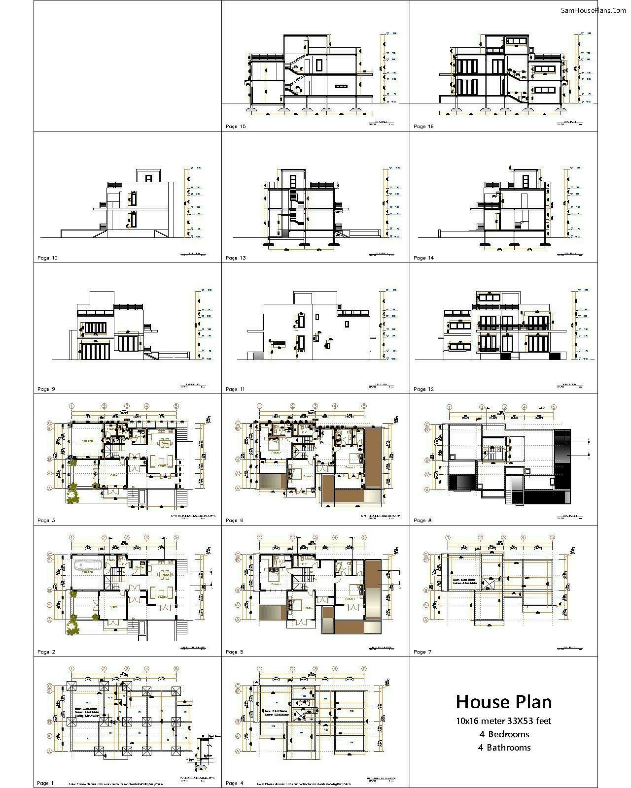 House Plan 10×16 Meter 33×53 Feet 4 Beds 4 Baths Terrace Roof (A4 Hard Copy)