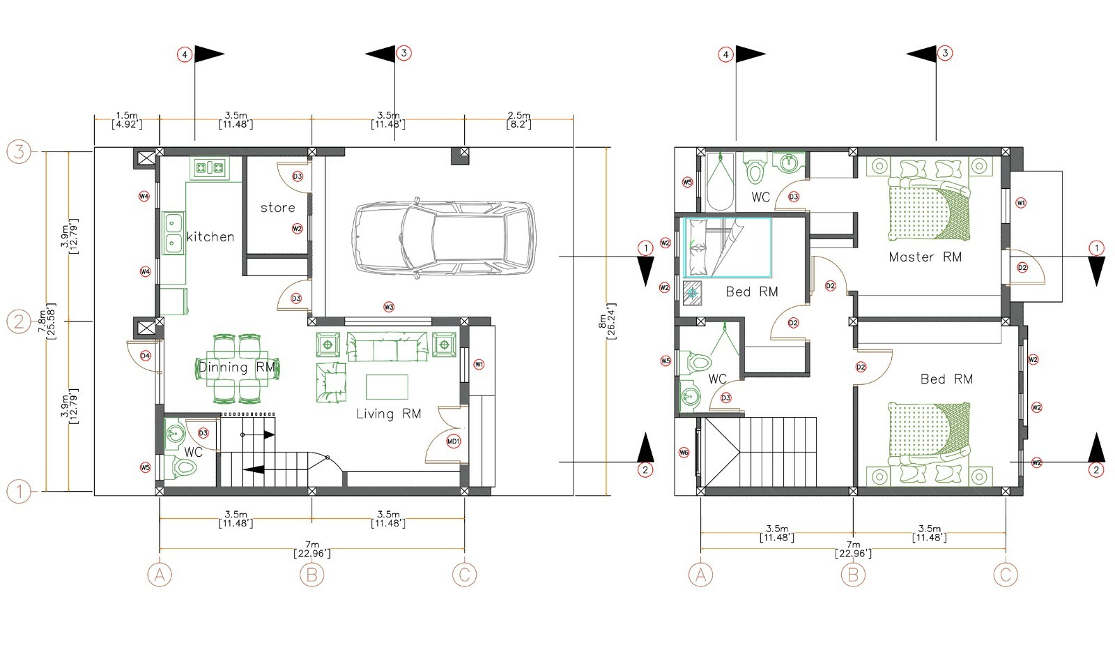 26×36 Feet Small House Plan 8×11 Meter 3 Beds 3 Baths Terrace Roof A4 Hard Copy