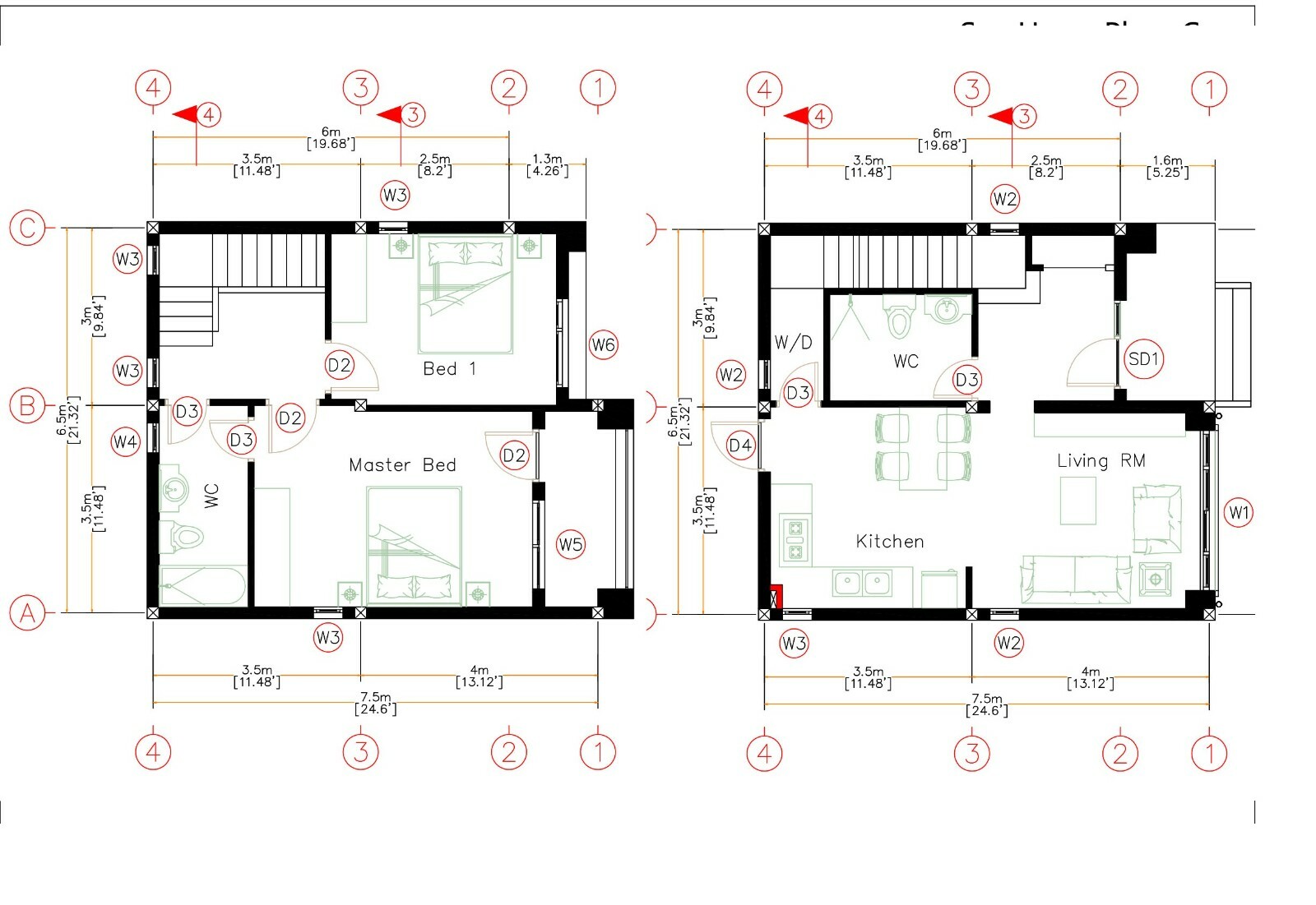 Small House Plan 21×25 Feet 6.5×7.5 Meter 2 Beds 2 Bath Flat Roof (A4 Hard Copy)