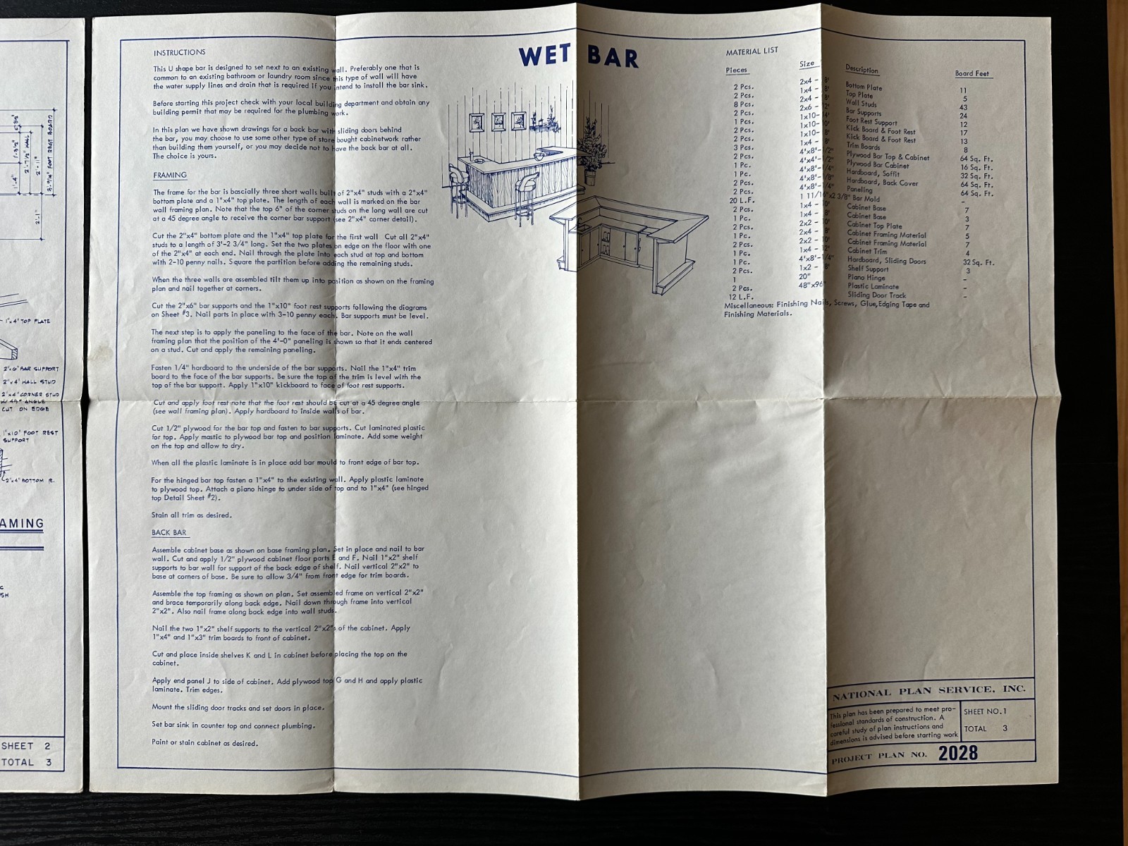 National Plan Service WET BAR #2028 Vintage 1970’s Building Plans COMPLETE!