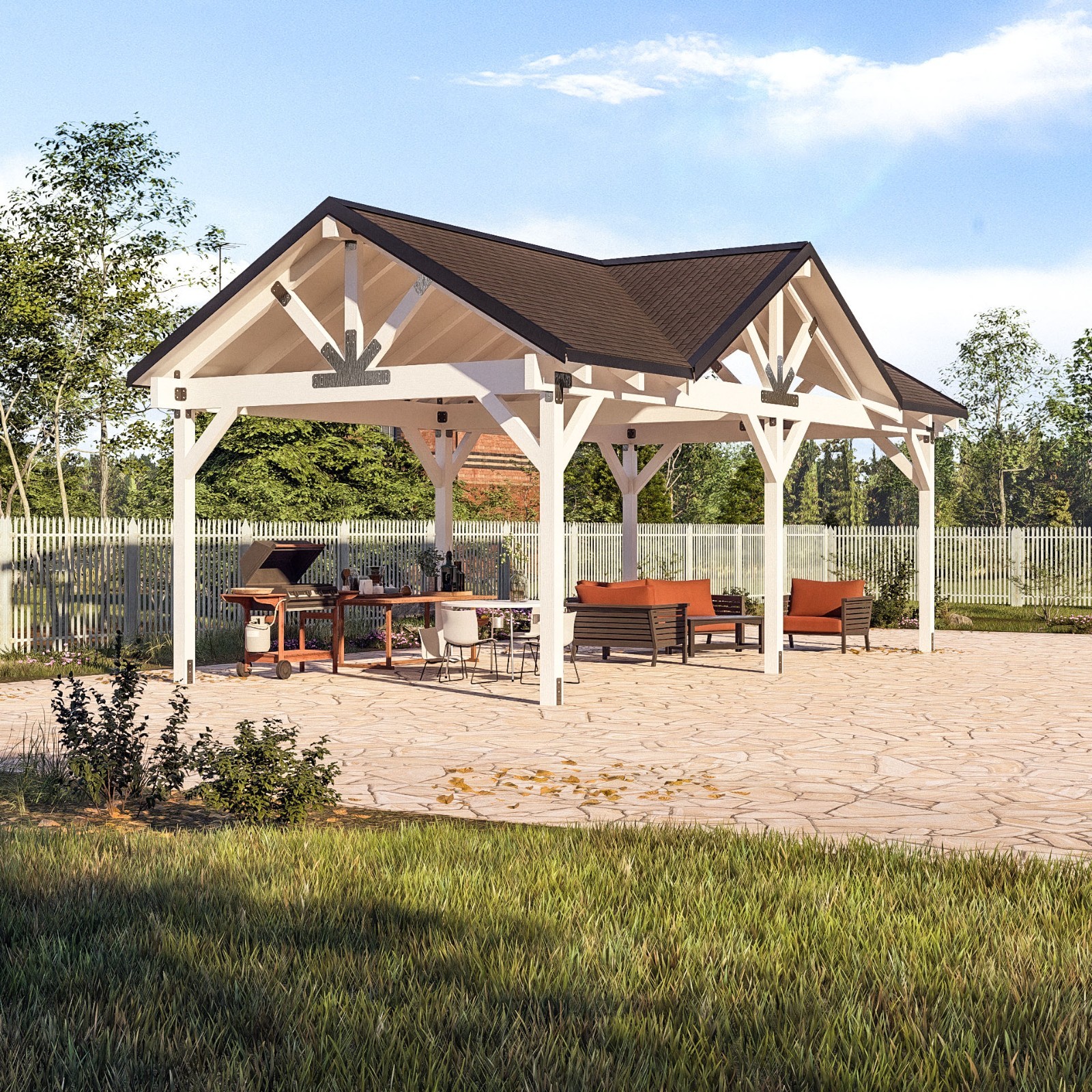 3 Gable Timber Pavilion Plans | 14’x28′ Outdoor Pavilion Blueprints