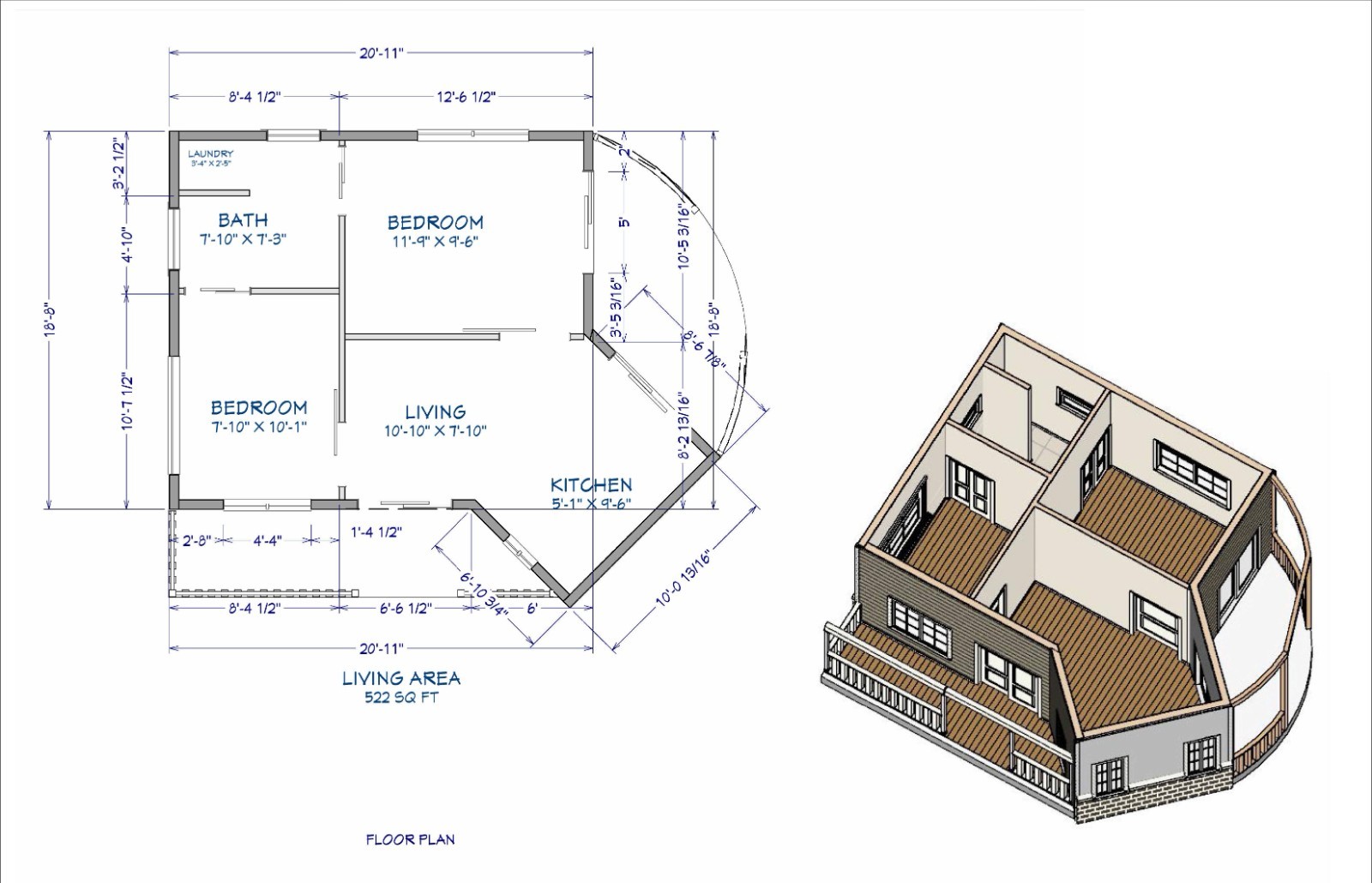522 Sq Ft 2-Bedroom Tiny Home Design Plans with Porch, Kitchen & Shared Washroom