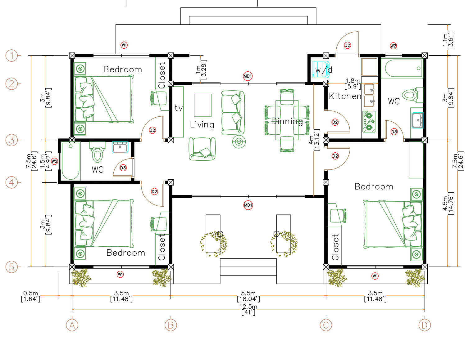 Custom House Plan 43×25 Feet 13×7.5 Meter 3 Beds 2 Baths Hip Roof (A4 Hard Copy)