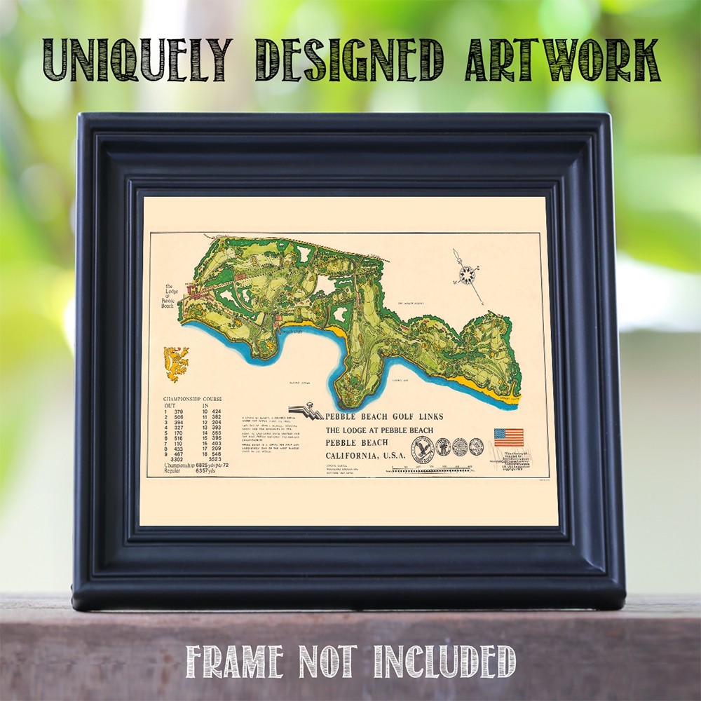 Pebble Beach Golf Links Vintage Course Map California Illustrated Wall Art