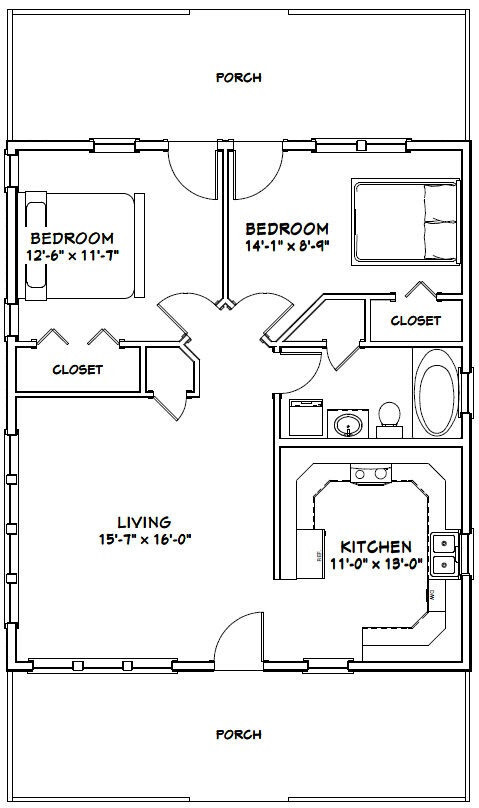 28×32 House — 2 Bedroom 1 Bath — 895 sq ft — PDF Floor Plan — Model 1E