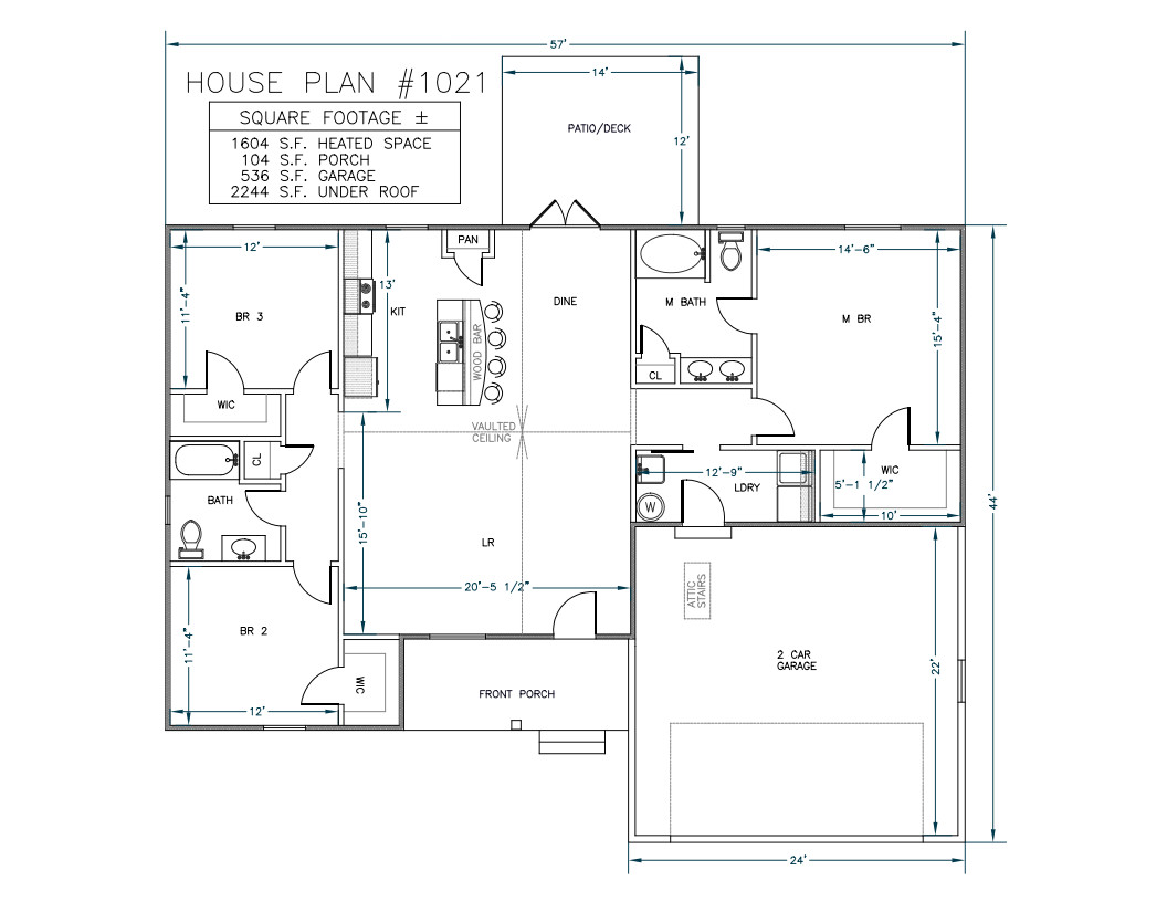 Ranch House Plans 1604 SF 3 Bed 2 Bath Open Floor – Split BR (Blueprints) #1021