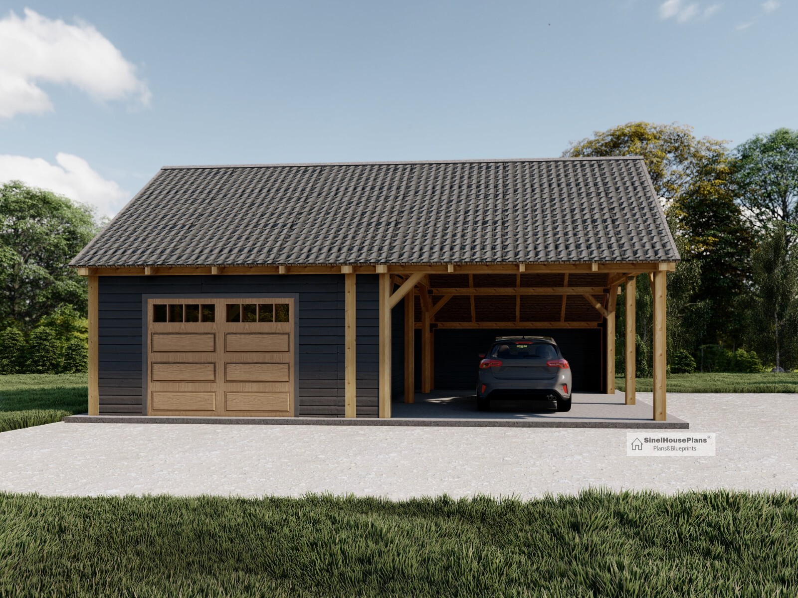 Timber Framed Garage plans with Carport, Massive Post Carport drawing