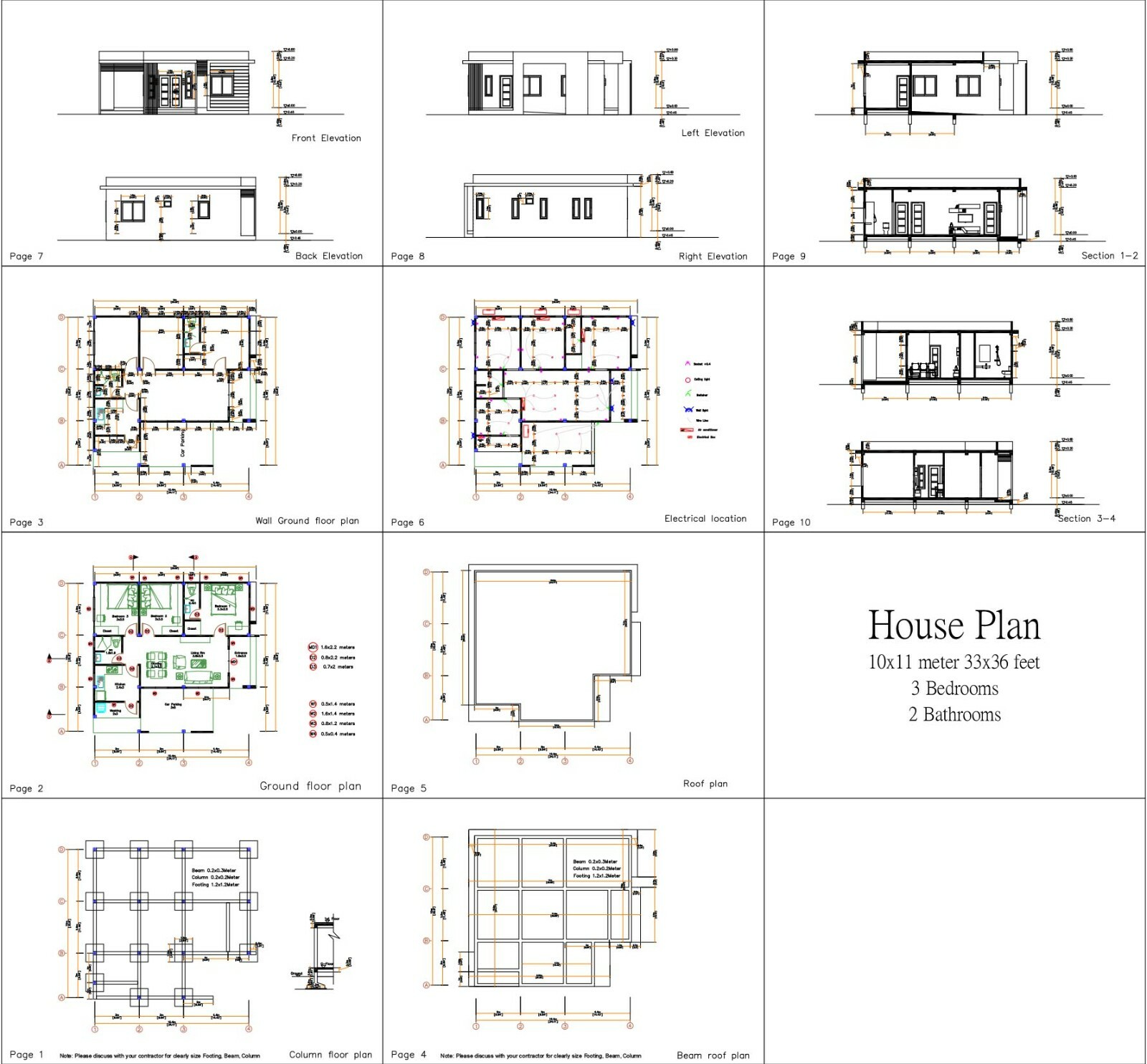 Small House Plan 10×11 Meter 33×36 Feet 3 Beds 2 Baths Terrace (A4 Hard Copy)