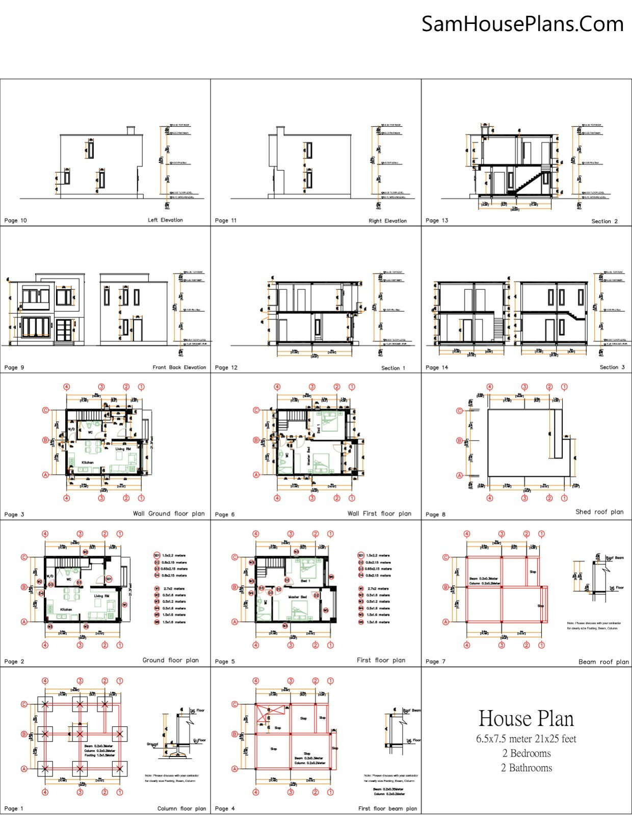 Small House Plan 21×25 Feet 6.5×7.5 Meter 2 Beds 2 Bath Flat Roof (A4 Hard Copy)
