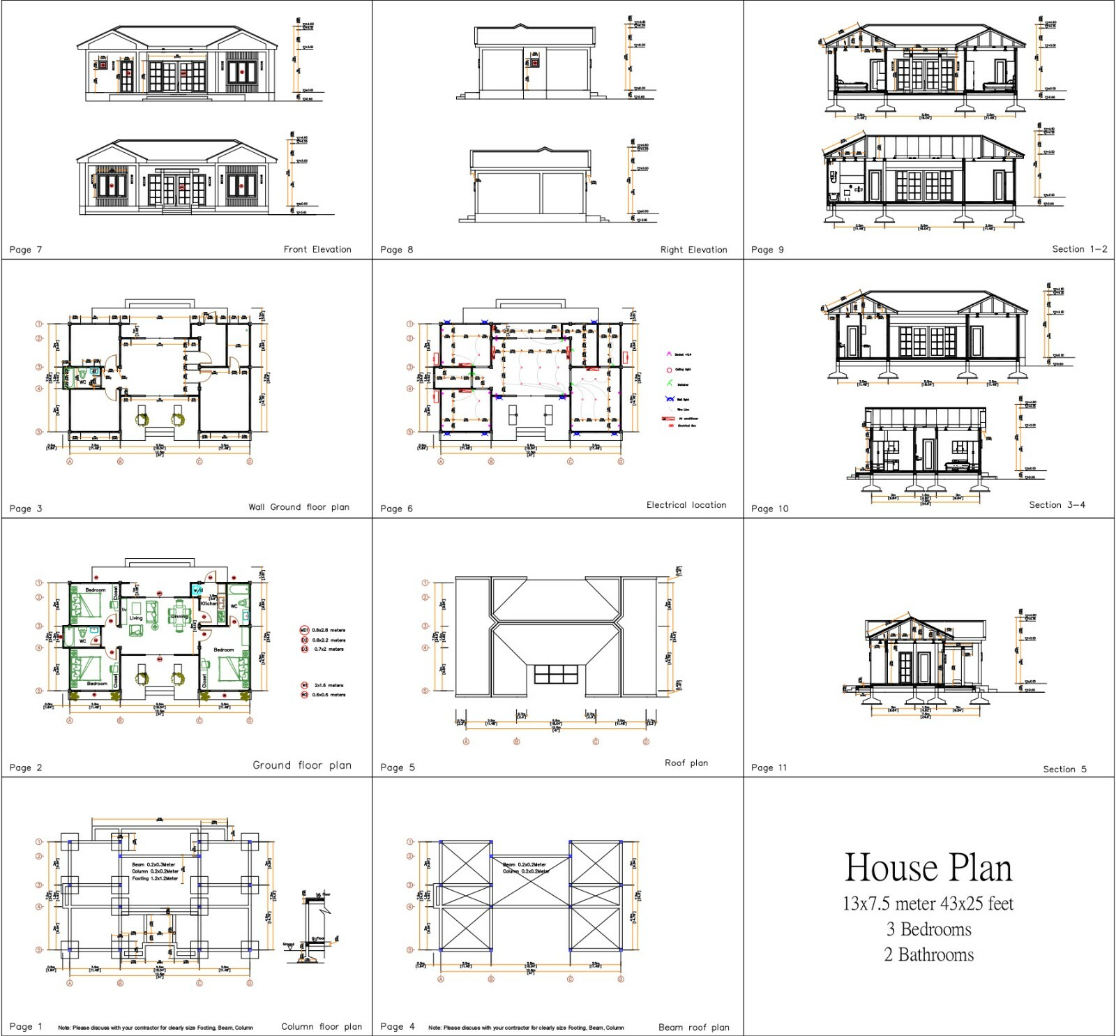 Custom Home Plan 13×7.5 Meter 43×25 Feet 3 Beds 2 Bath Gable Roof (A4 Hard Copy)