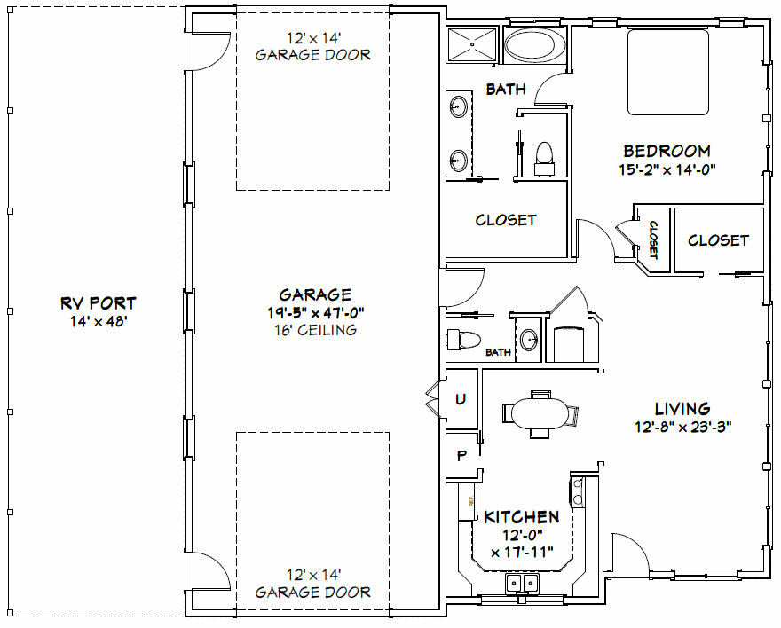 46×48 House – 1 Bedroom 1.5 Bath 1 RV – 1,157 sqft – PDF Floor Plan – Model 3C