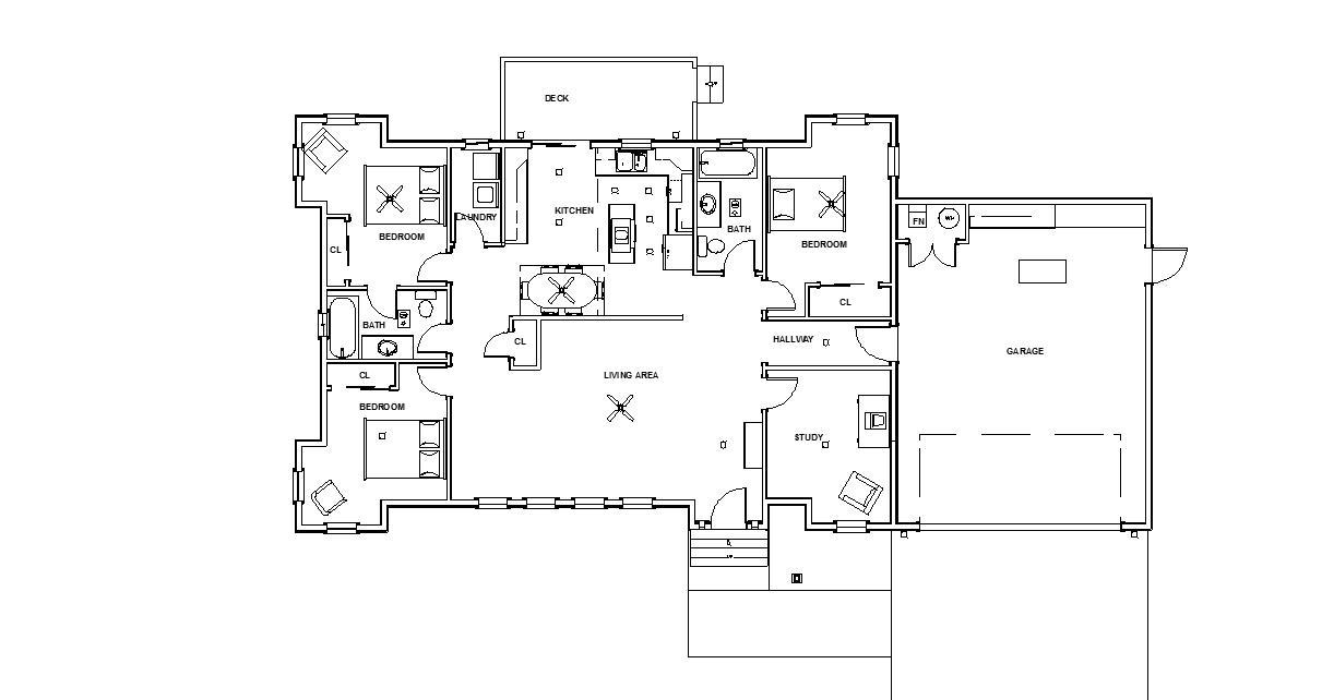 Ranch House Plans 1740 sq.ft. three bedrooms outdoor deck FREE SHIPPING