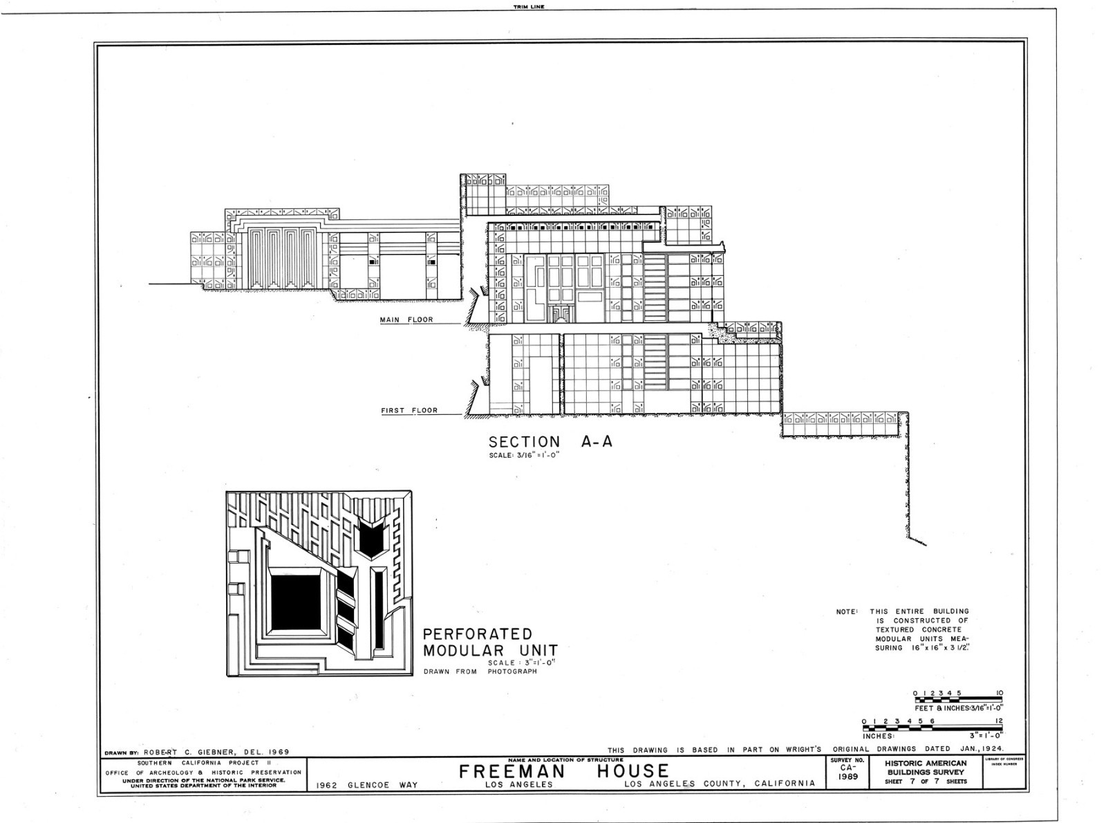 2 bedroom Freeman Home by Frank Lloyd Wright, printed architectural house plans