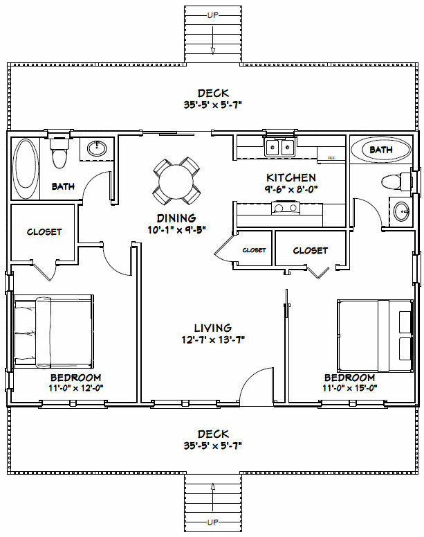 36×24 House — 2 Bedroom 2 Bath — 864 sq ft — PDF Floor Plan — Model 3F