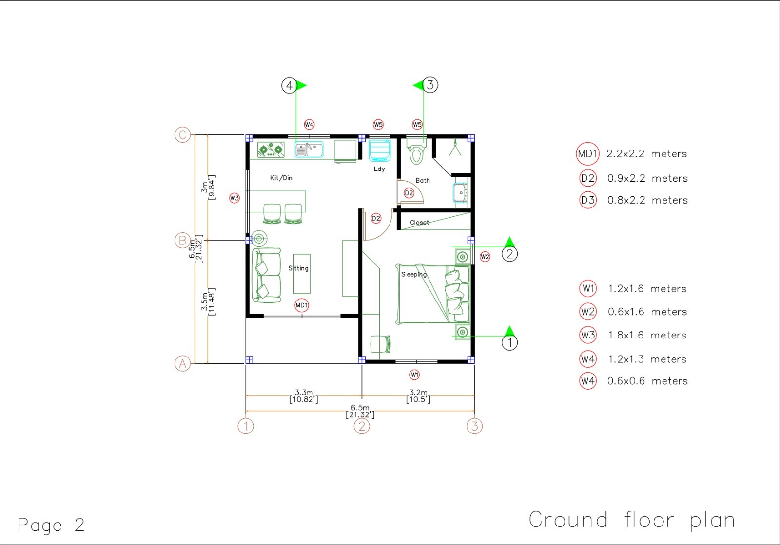 21×21 Feet One Bed 1 Bath House Plans 6.5×6.5 Meter Hip roof PDF (A4 Hard Copy)