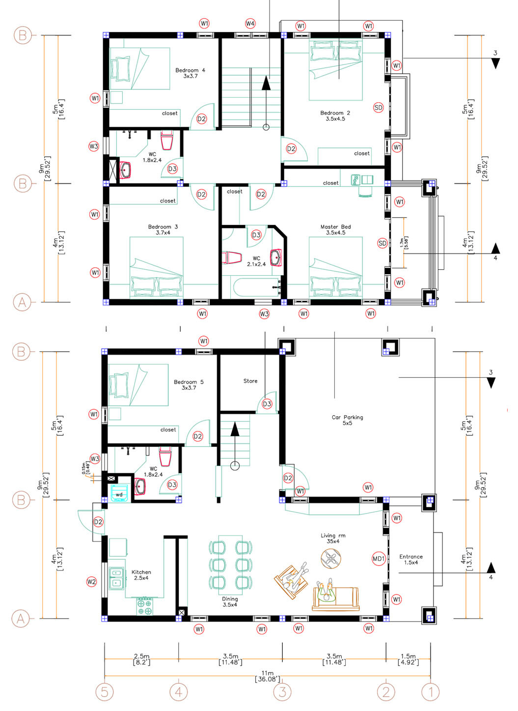 Custom House Plan 26×36 Feet 9×11 Meter 5 Beds 3 Baths Hip Roof (A4 Hard Copy)