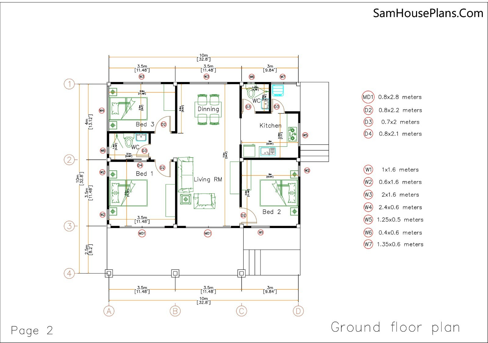33×33 Feet House Plans 10×10 Meter 3 Bedrooms 2 Bath Hip Roof PDF (A4 Hard Copy)