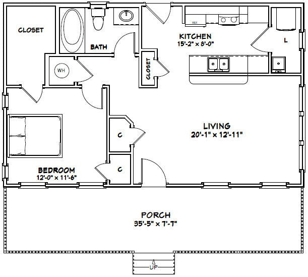 36×22 House — 1 Bedroom 1 Bath — 790 sq ft — PDF Floor Plan — Model 1A