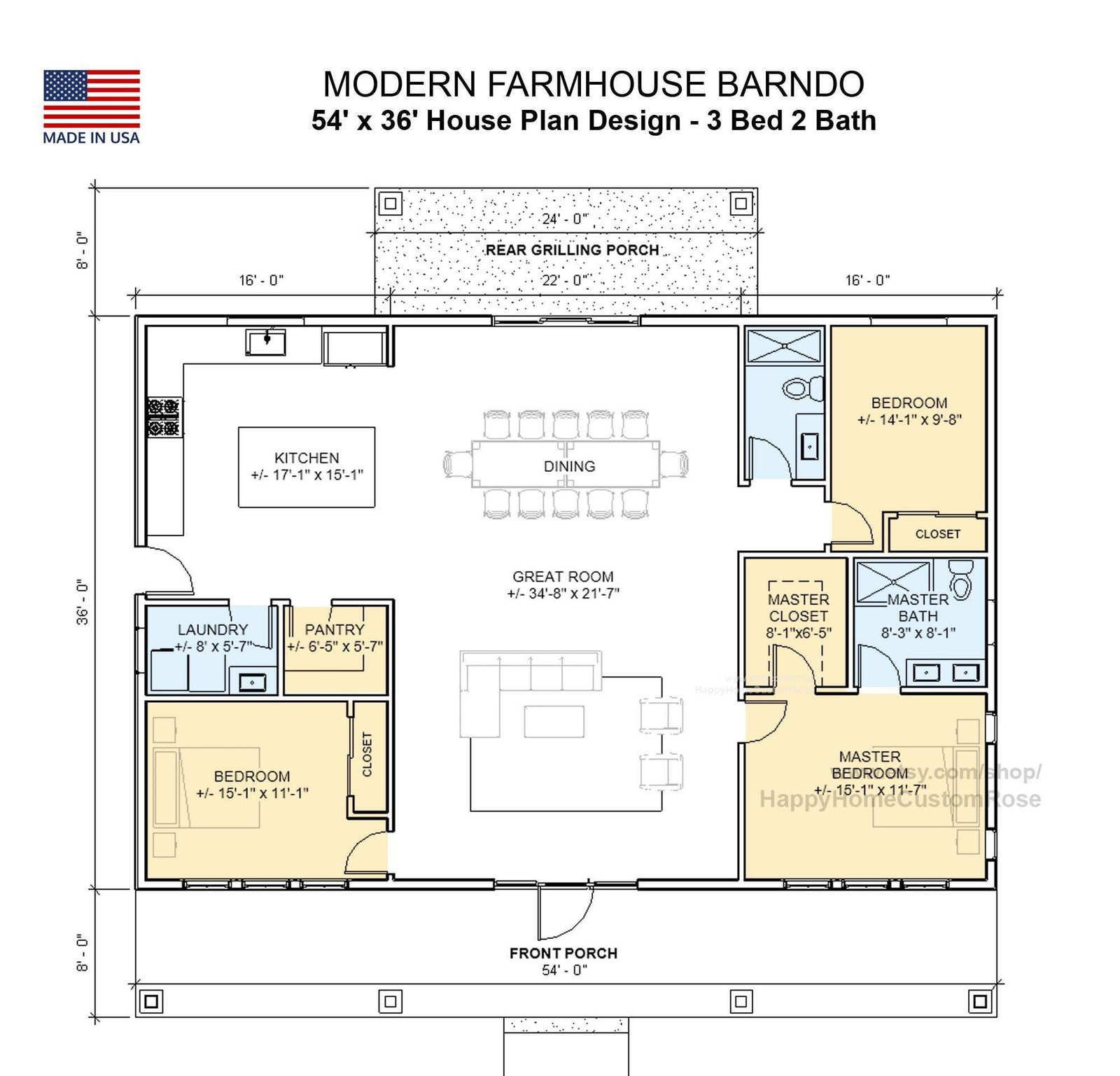 Bold Birch Barndominium Modern House Open Plan Design 54 x 36 – 3 Bed 2 Bath – D