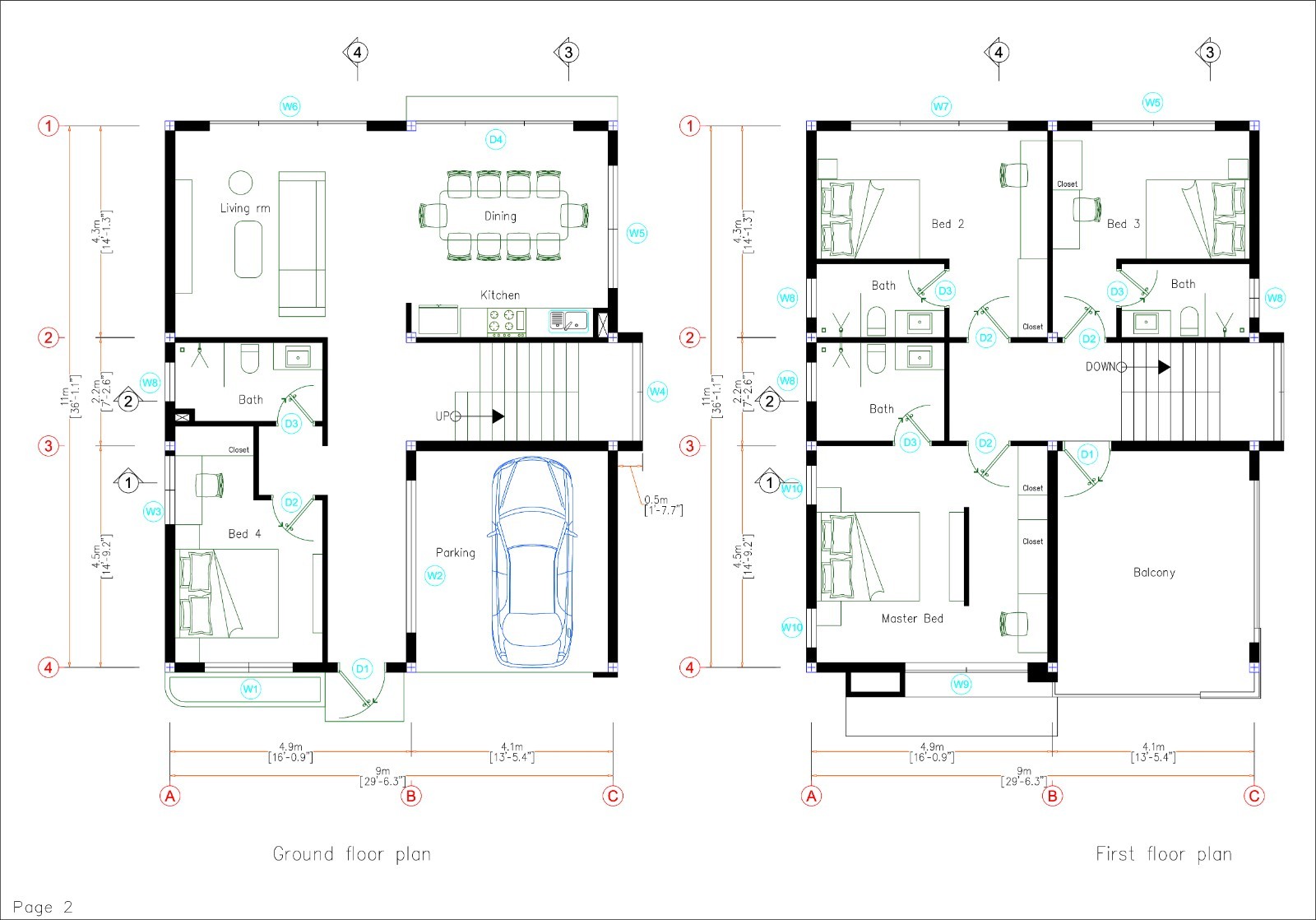 30×36 Ft House Plans 3d 9×11 Mt 4 Beds 4 Baths Hidden Roof CAD PDF &A4 Hard Copy