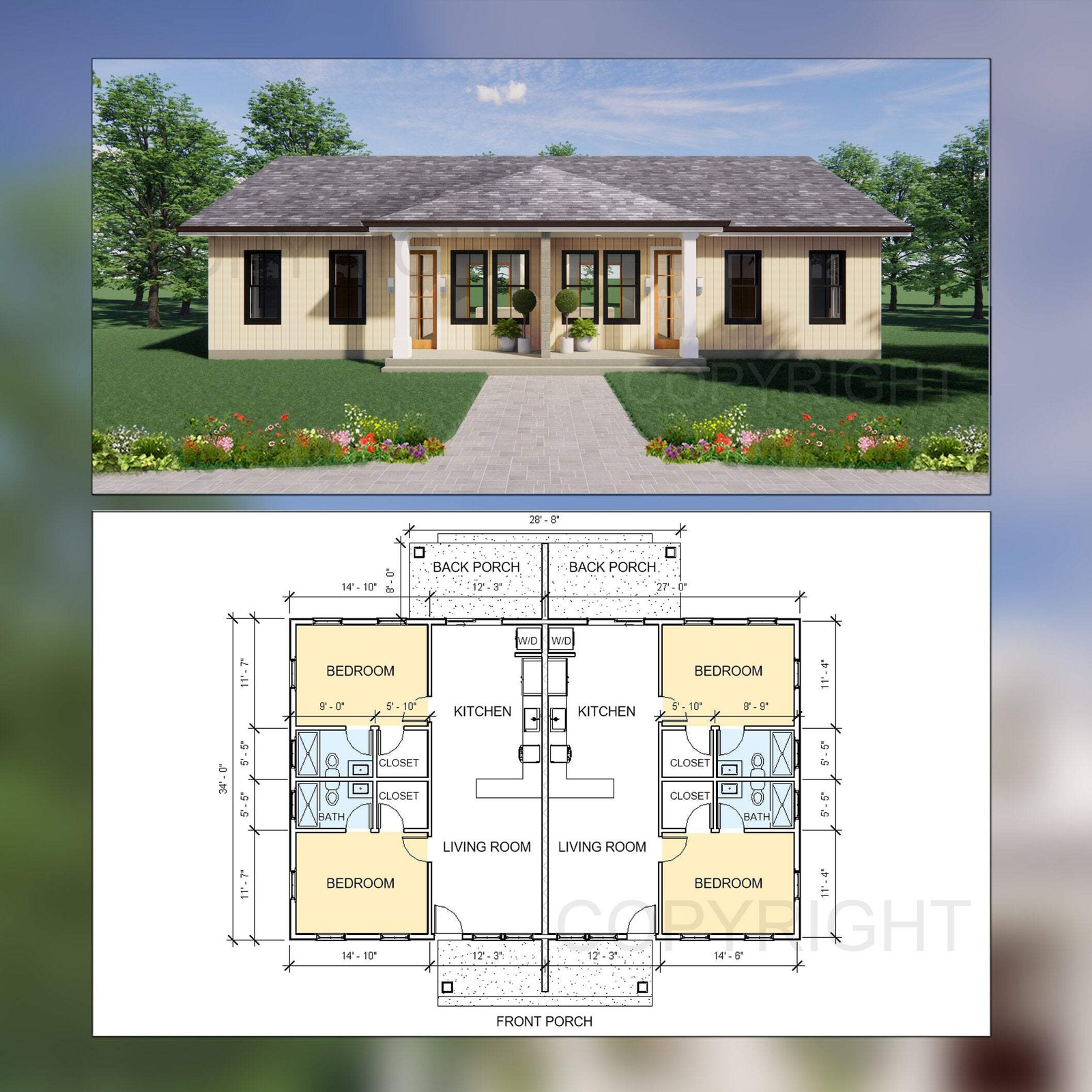 Hip Roof Duplex Investment Rental House Plan Design – 1820 SF – Modern Spacious