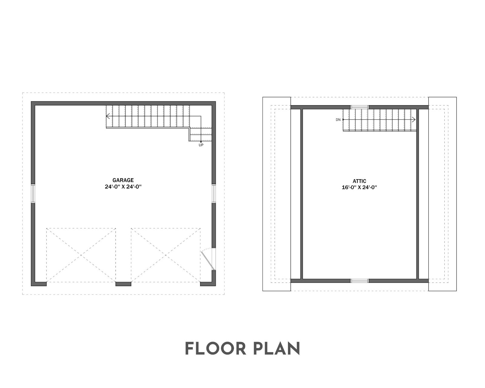 24′ x 24′ Two Car Garage, Detached Garage, 576 Sq Ft, 9 ft Walls, Attic Room