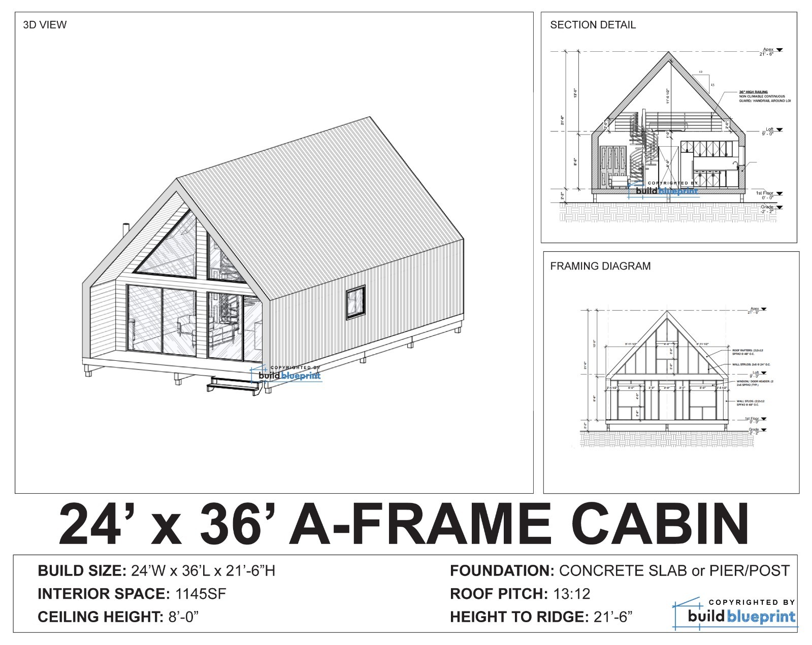 24′ x 36′ Nordic A-Frame House Architectural Plans 1145SF – PDF Download