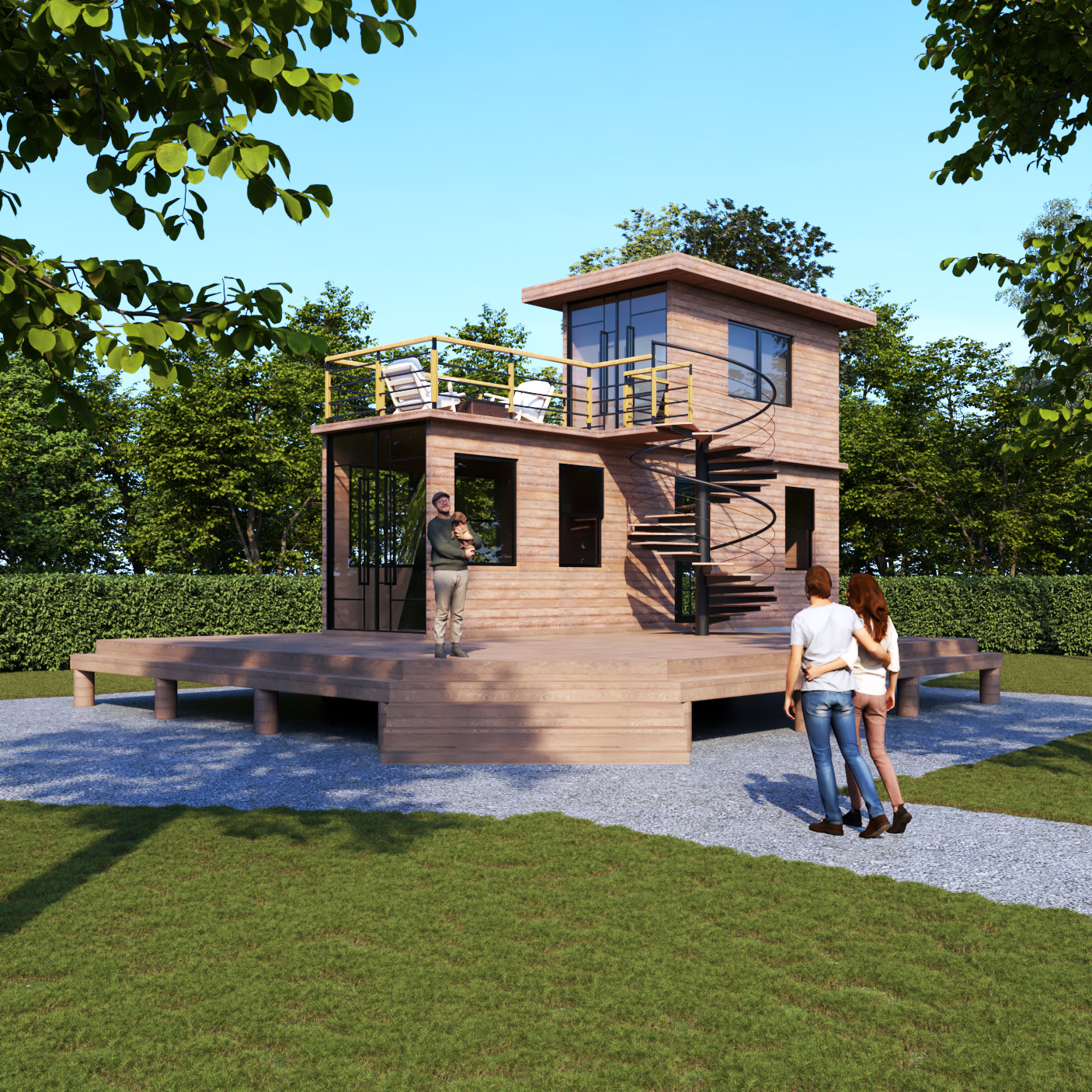Modern Two Story Cabin House Plan 3D images DWG CAD File And PDF For Blueprint