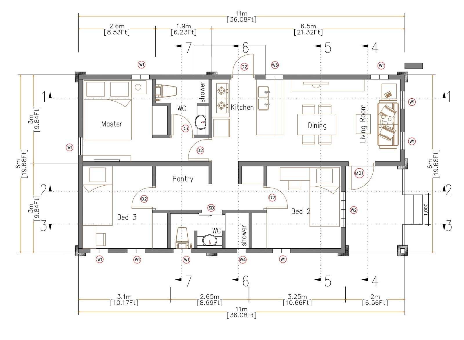 20×36 Feet Small House Design 6×11 Meter 3 Bed 2 Bath Shed Roof (A4 Hard Copy)