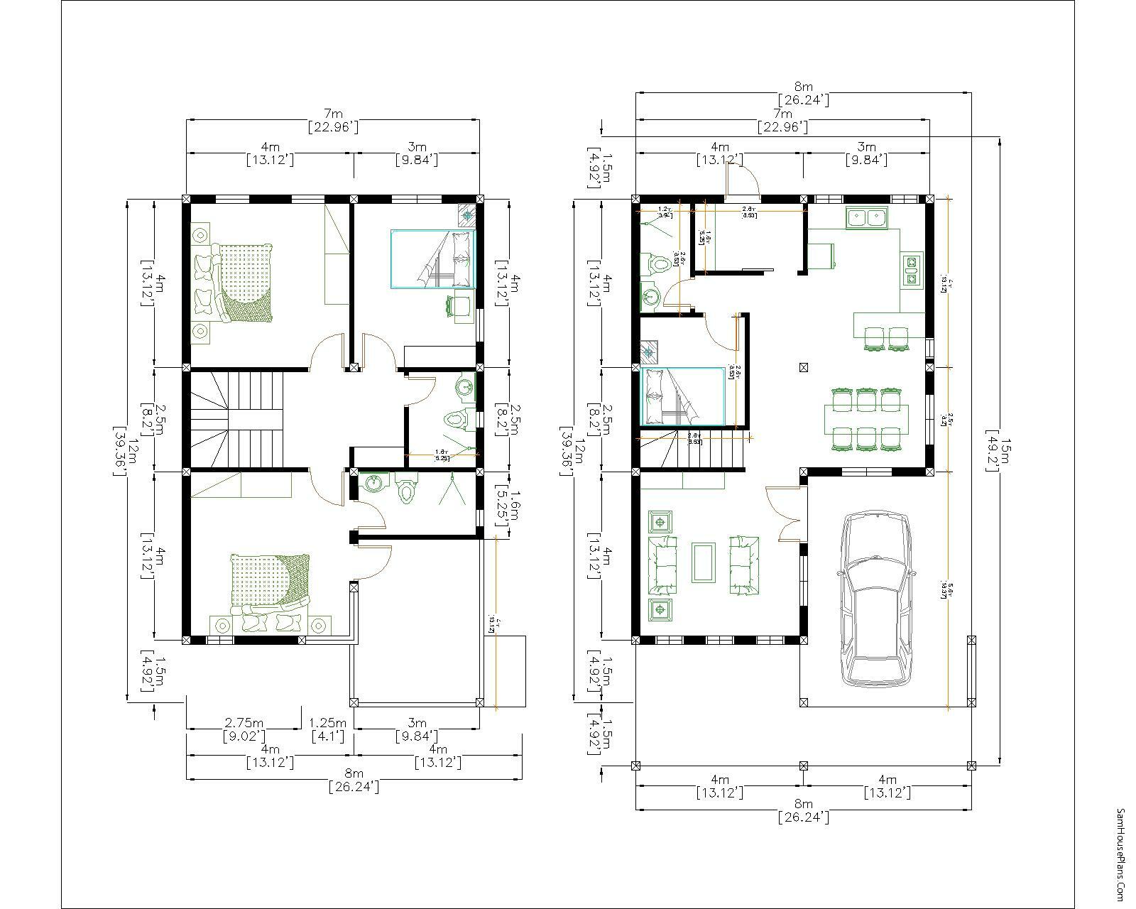 23×40 Feet Small House Plan 7×12 Meter 4 Beds 3 Baths Flat Roof (A4 Hard Copy)