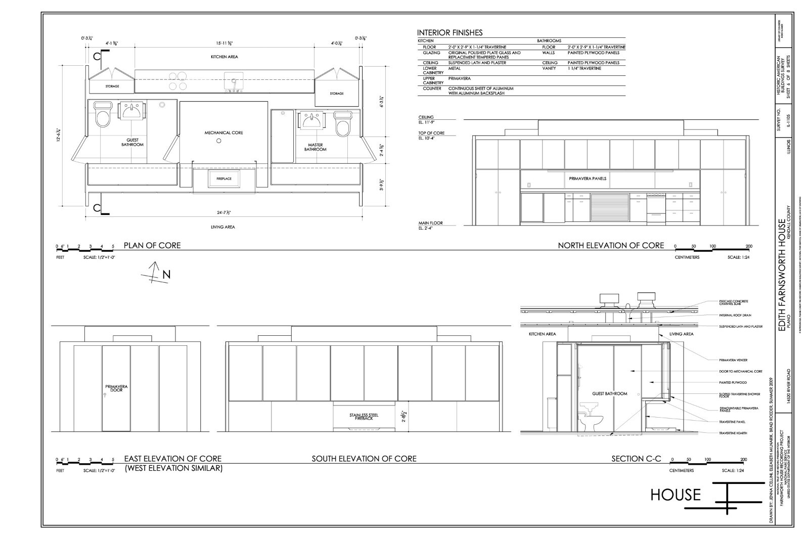Mies van der Rohe modern design, Farnsworth House, architectural drawings
