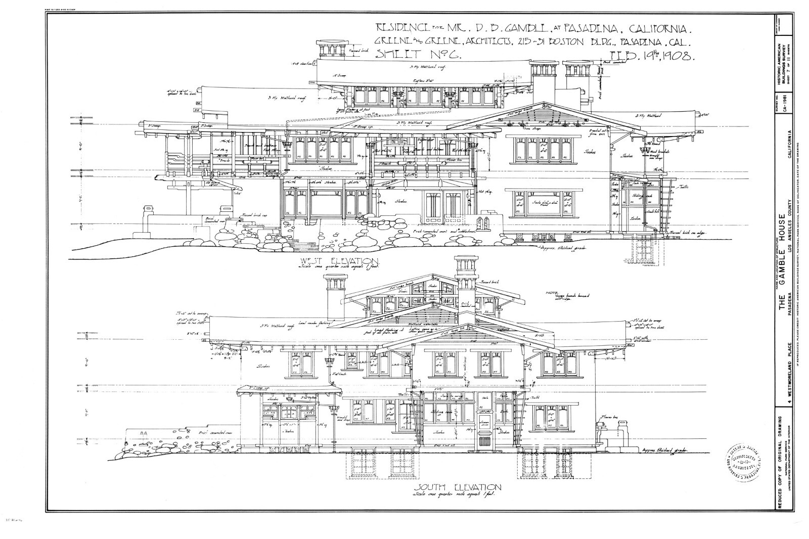 Greene & Greene’s celebrated Gamble House, Arts & Crafts detailed house plans