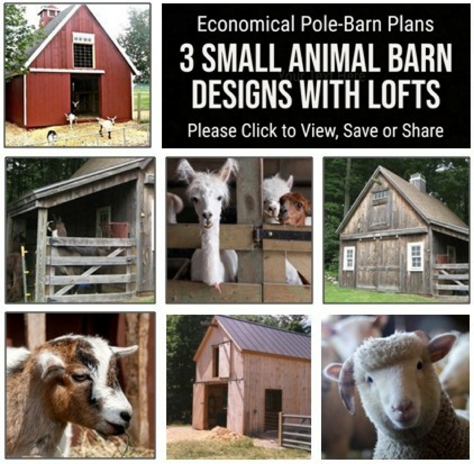 3 Small Animal Barn Designs- Complete Pole-Barn Construction Plans (B2)