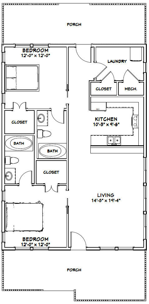 28×40 House — 2 Bedroom 2 Bath — PDF Floor Plan — 1,120 sq ft — Model 2